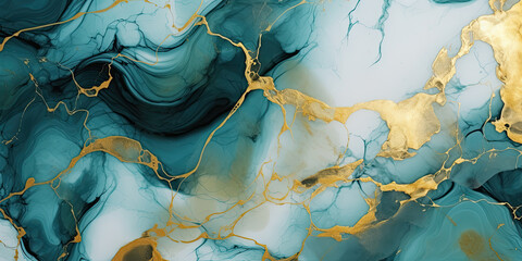 Abstract marble background, dark green texture with thin gold veins.