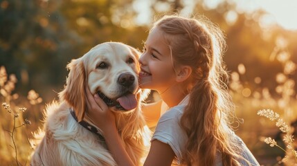Portrait of smiling girl with her dog in summer time outdoors. Child with Golden Retriever, Labrador puppy spending time in nature. Friendship between kids and dogs, domestic animals concept