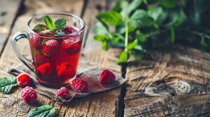 Red fruit tea with raspberry and mint. Raspberry tea wooden background. Selective focus