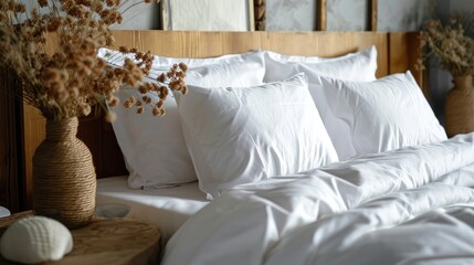 Fototapeta na wymiar White pillows, duvet case on bed. Elegant bedroom with white bedding and wooden wardrobe table with decoration. Interior design detail 