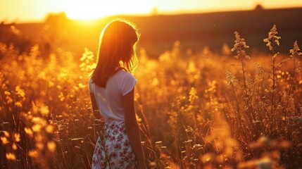 Young girl wearing white blank t-shirt in the field on sunset 