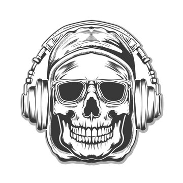 a hip hop skull with sunglass and headphone black and wihte vector design