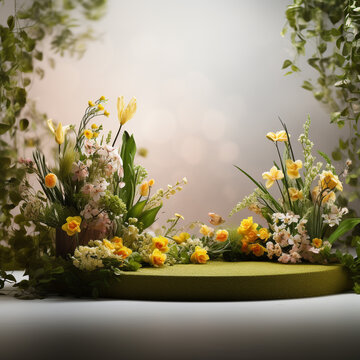 Natural green bouquet of wildflowers podium background