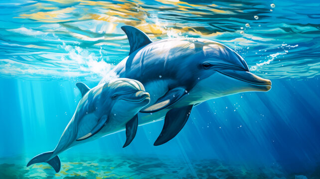 Group of dolphins swimming underwater with sun rays penetrating the ocean surface. Digital art watercolor illustration