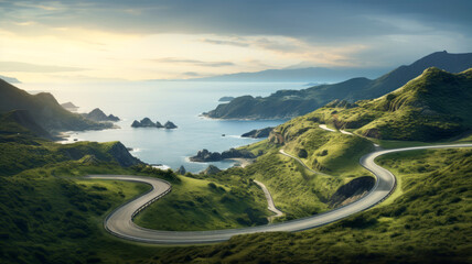 Coastal road winding through a scenic landscape with mountains, ocean, and clear skies at dawn.