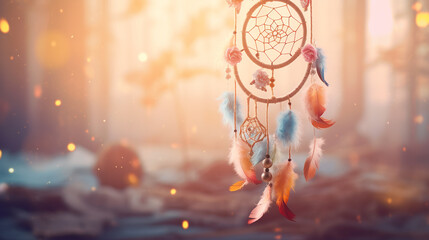 a beautiful dream catcher with multi-colored feathers on a soft pink blurred background that conveys tenderness and calmness - obrazy, fototapety, plakaty
