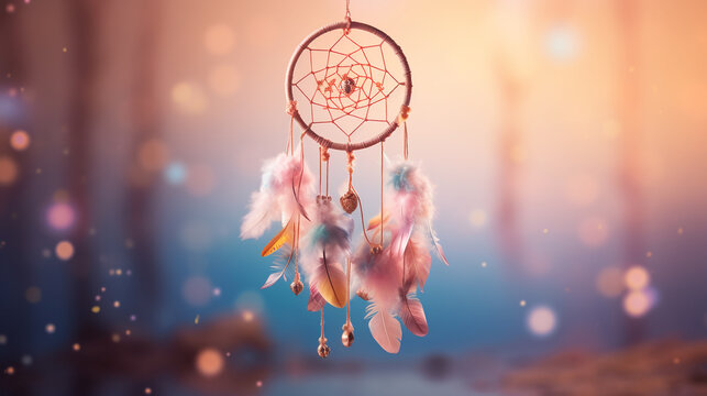 a beautiful dream catcher with multi-colored feathers on a soft pink blurred background that conveys tenderness and calmness