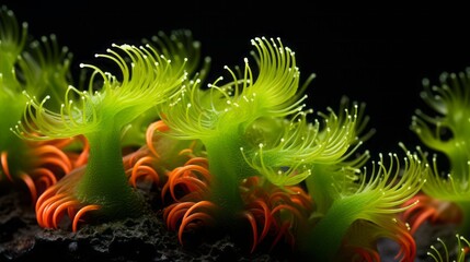 Obraz premium green seaweed underwater in the dark.