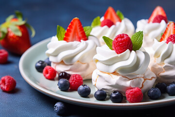 Pavlova meringue mini cakes with whipped cream and fresh berries. - obrazy, fototapety, plakaty