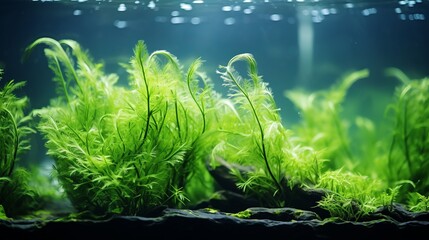 green seaweed underwater in the dark.
