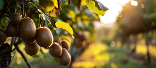 Fresh kiwi fruits hanging on trees in an Italian orchard. - obrazy, fototapety, plakaty