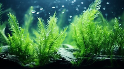 green seaweed underwater in the dark.