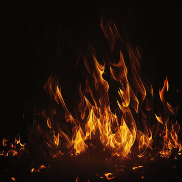 Fire in the fireplace, glowing fire on black background, fire wallpaper, burning fire on black background