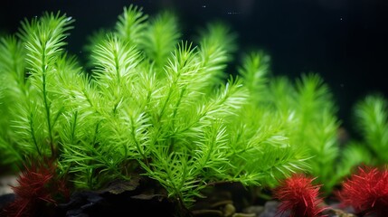 green seaweed underwater in the dark.