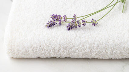 Purple lavender flowers on white soft towel on marble table background.