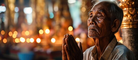 Elderly man engages in religious practices at a church for peace and celebration. - obrazy, fototapety, plakaty