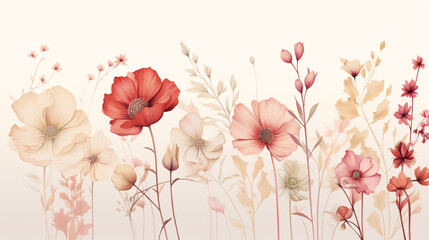 beautiful spring flowers in soft pastel colors on a soft light beige background, the illustration conveys peace and spring virginity