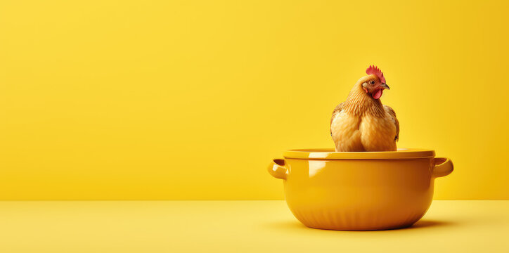 Live chicken and soup pot on flat yellow background with copy space. Chicken soup, animal and bird protection, vegans against violence.