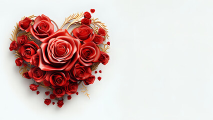 Greeting card for wedding or Valentine's day, bouquet of red roses and gold ribbons in the shape of heart.