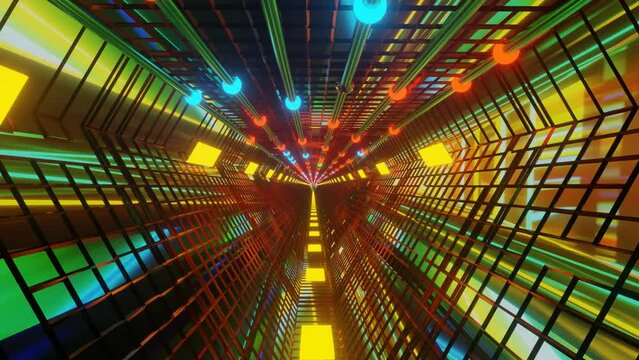 3D illustration abstract of a rotating triangle-shape infinite tunnel with green and yellow lights