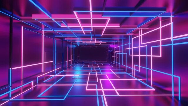 3D illustration abstract of an infinite rectangular shape tunnel with purple and blue neon lights