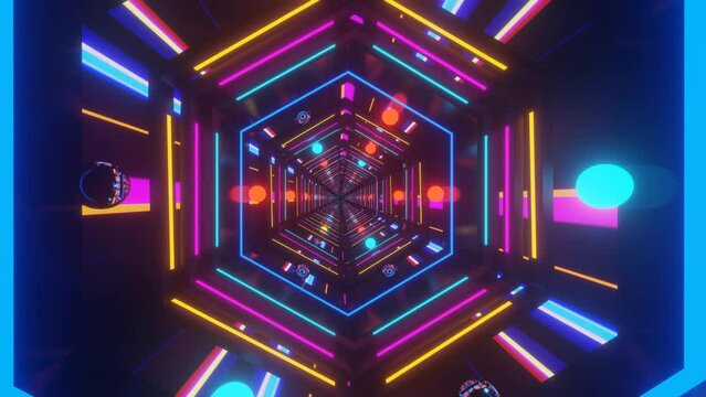 3D illustration abstract of a hexagon-shape infinite rotating tunnel with colorful lights