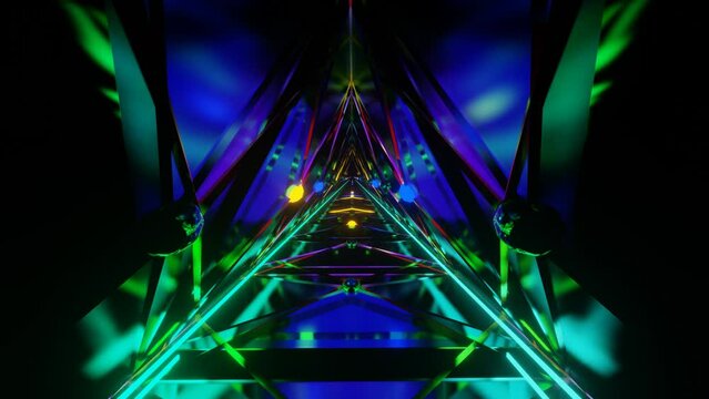 3D illustration abstract of a triangle-shape loop pattern tunnel with blue and yellow lights