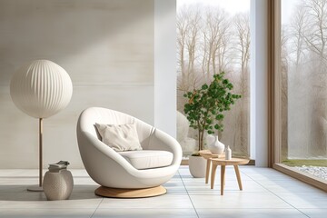 Modern interior of a relaxing place with a white armchair by the window surrounded by potted plants and a designer lamp