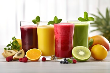 Close up image with four glasses full of fruit and berry juices surrounded by fruits and berries - obrazy, fototapety, plakaty