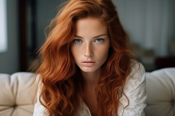 Portrait of a young charming red hair blue eye woman sitting on a white sofa in the room - obrazy, fototapety, plakaty
