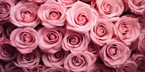 Pink natural roses beautiful background for wedding or Valentine day. Top down view.  greeting cards and invitations pink flower AI Generative.