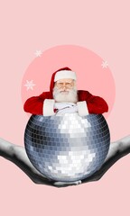Christmas invitation of funky santa dancing on disco ball