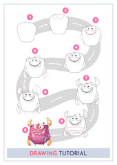 How to Draw a Monster. Step by Step Drawing Tutorial. Draw Guide. Simple Instruction for Kids and Adults
