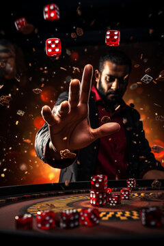 an image of a man throwing dice at the casino table with casino chips in them