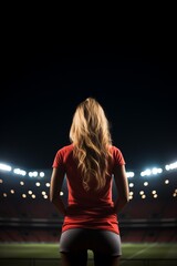 a girl watching soccer on an empty stadium at night