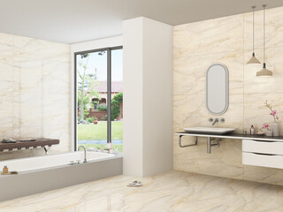 Luxury bathroom interior with white basin on a stone bathroom bench top with hand towels and decorative tap. 3D Rendering