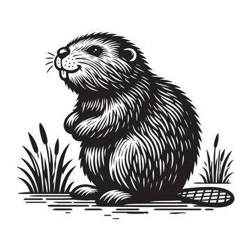 Beaver. Vintage black engraving illustration. Monochrome vector icon. Isolated and cut	