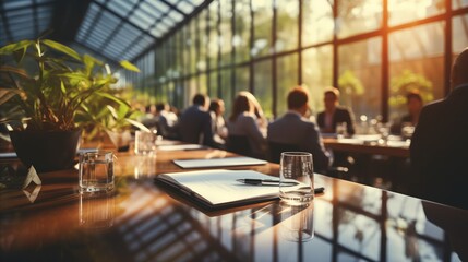 Blurred photo of business people at a business meeting table