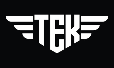 TEK three letter logo, creative wings shape logo design vector template. letter mark, word mark, monogram symbol on black & white.	