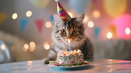beautiful funny cat ​​in a festive cap eats a birthday cake with candle on a bright background. copy space