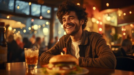 Young man standing in front of a hamburger at the table in a hamburger restaurant