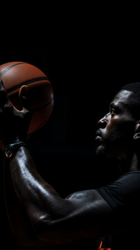 Side view photo of African basketball player holding ball