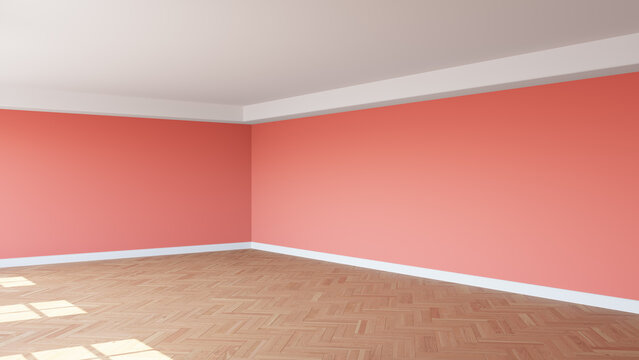 Corner of the Sunlit Room with Light Red Walls, a White Ceiling and Cornice, Glossy Herringbone Parquet Floor, and a White Plinth. Unfurnished Interior Concept. 3D render, 8K Ultra HD, 7680x4320