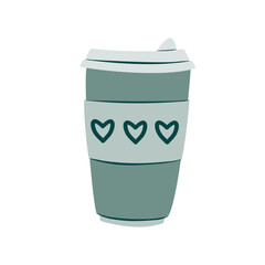 Coffee cup vector illustration isolated on white background. Plastic coffee cup with hot coffee in flat style. Heart pattern.