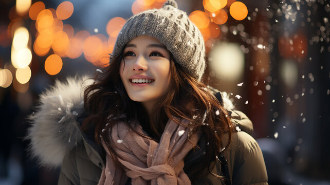 Winter dream, young woman looking at city lights, Golden Hour reflections: happy smile in city glow, beautiful woman enjoying winter night, stylish scarf eyes, Generative AI