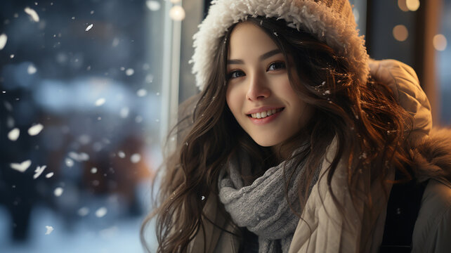 Winter dream, young woman looking at city lights, Golden Hour reflections: happy smile in city glow, beautiful woman enjoying winter night, stylish scarf eyes, Generative AI