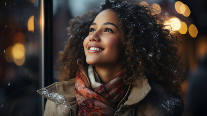 Winter dream, young woman looking at city lights, Golden Hour reflections: happy smile in city glow, beautiful woman enjoying winter night, stylish scarf eyes, Generative AI