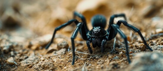 Spider, typically black in color, known for being venomous - obrazy, fototapety, plakaty
