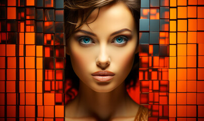 Striking woman's portrait creatively fragmented by red and orange pixelated tiles, blending digital art with human allure - obrazy, fototapety, plakaty
