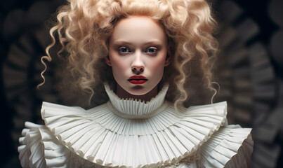 Surreal portrait of a woman with pale skin and curly blonde hair in elaborate white Elizabethan collar and dress, embodying historical fashion